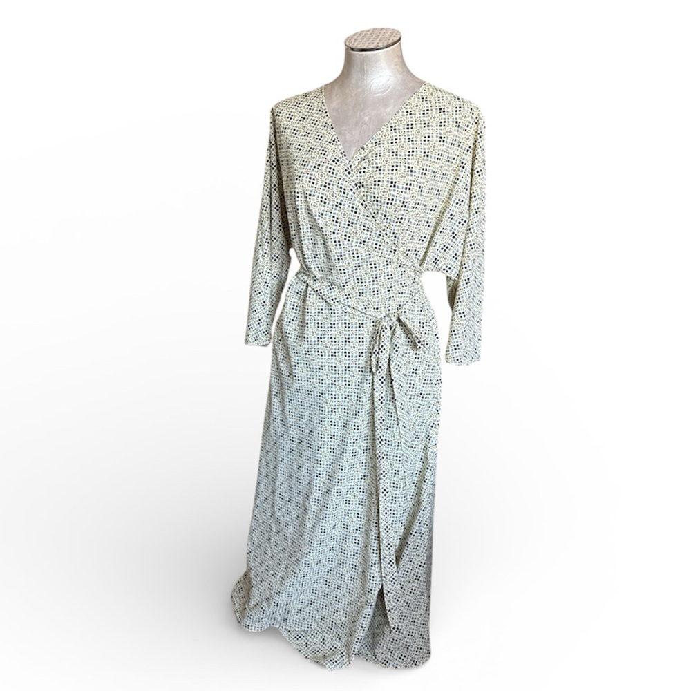 Coolibar UPF 50+ Geometric Tile Print 3/4 Sleeve Travel Wrap Dress Cream Yellow